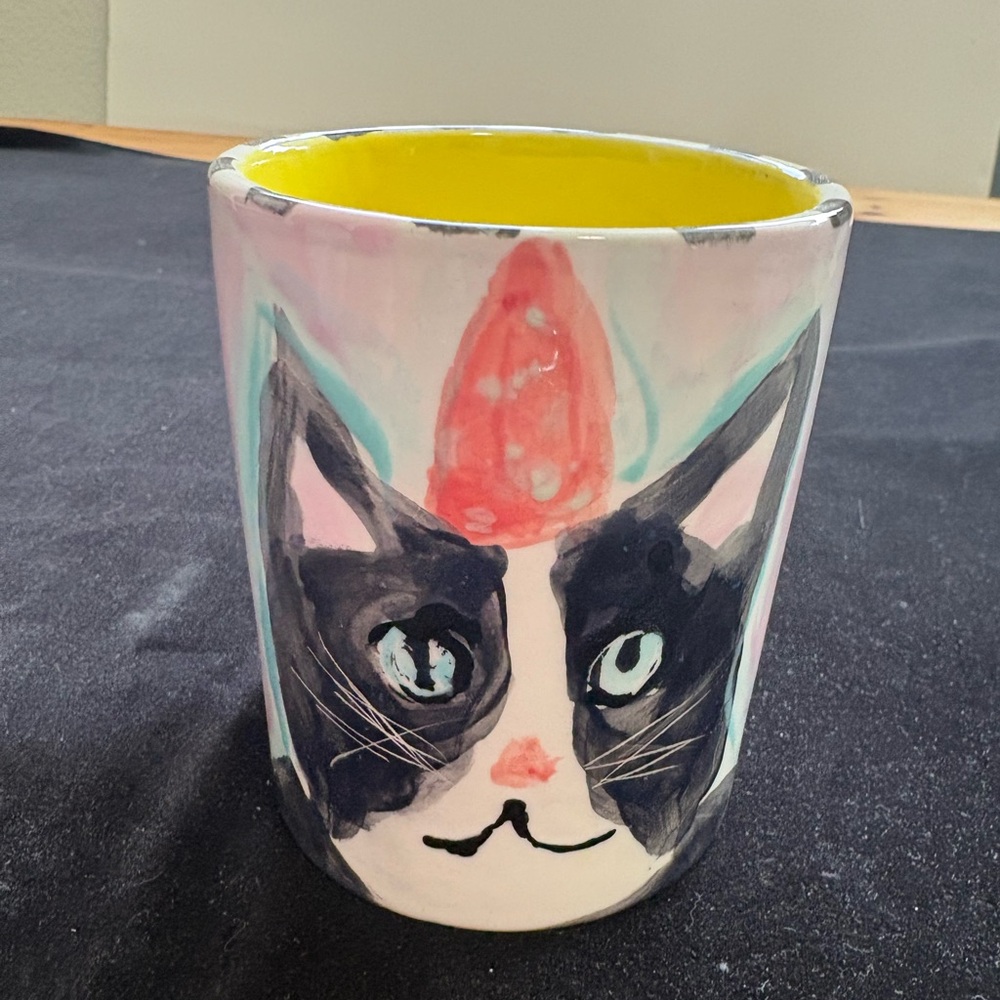 Hand Painted 16oz Cat in Party Hat Mug 4.5”x3.5”
